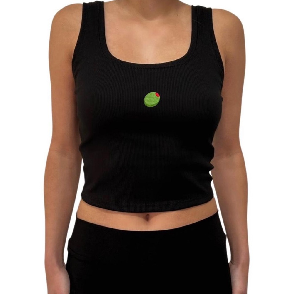 Black Tank Top with Olive Embroidery